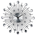Silver round mute wall clock with metal shell and aluminium dial, 33cm in diameter.