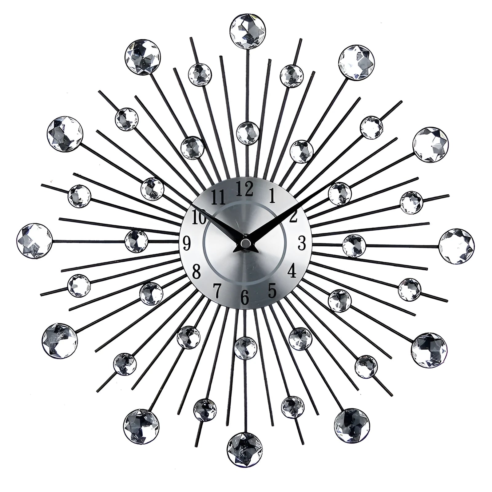Silver round mute wall clock with metal shell and aluminium dial, 33cm in diameter.