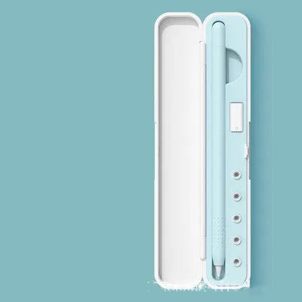 Hard cover tablet pen storage case showing black, blue, green and purple colour options with pen point adapters