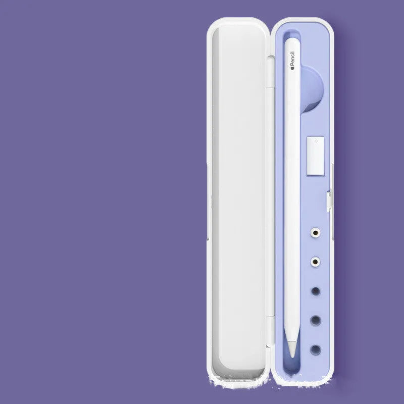 Hard cover tablet pen storage case showing black, blue, green and purple colour options with pen point adapters