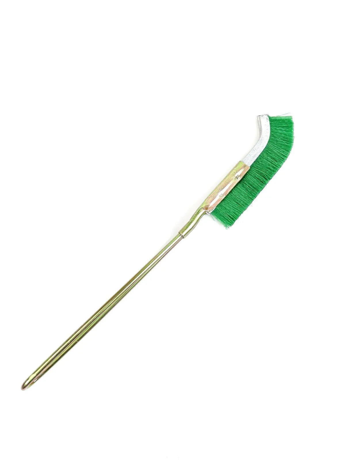 Green elbow-shaped rust removal brush with nylon wire bristles and metal handle