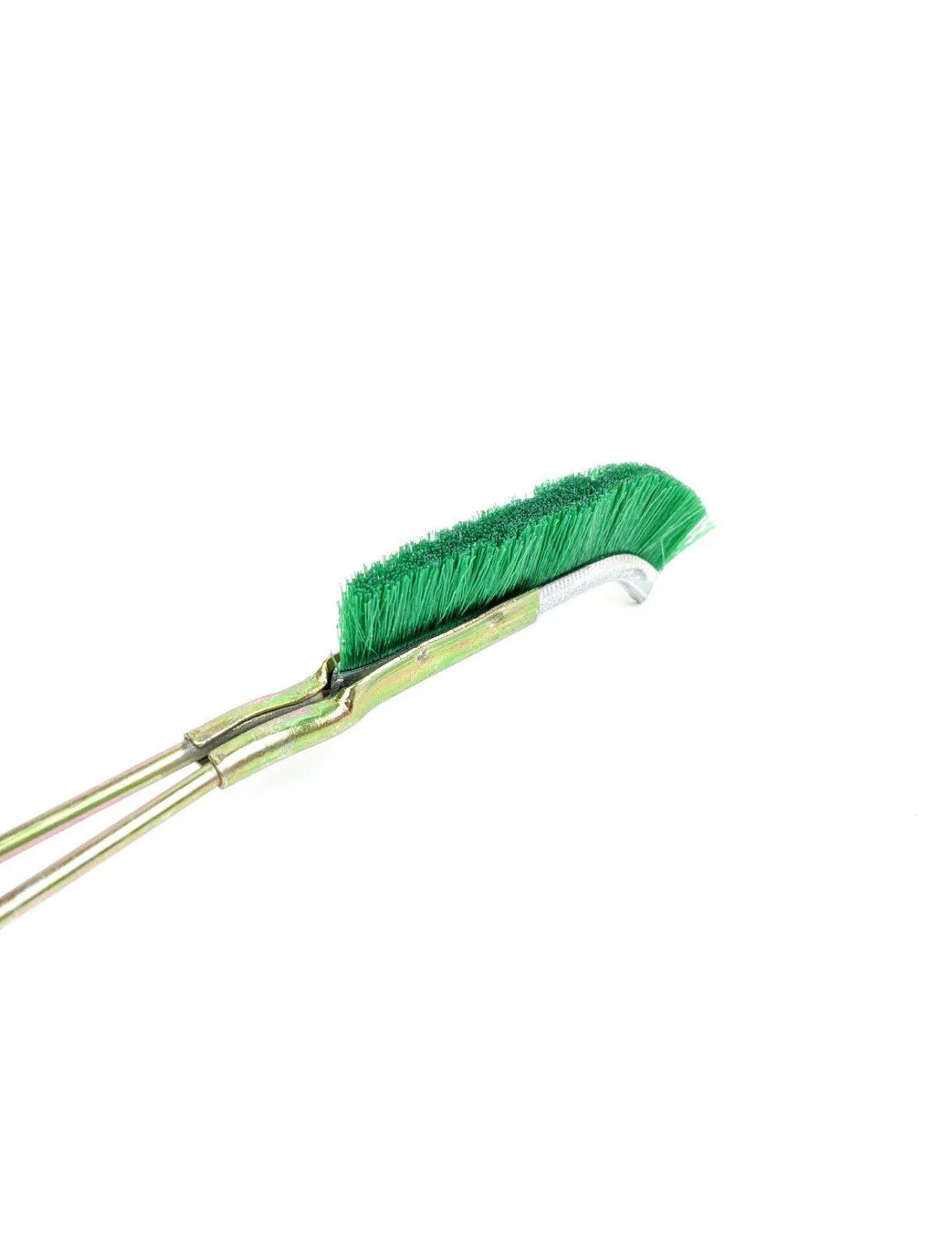 Green elbow-shaped rust removal brush with nylon wire bristles and metal handle