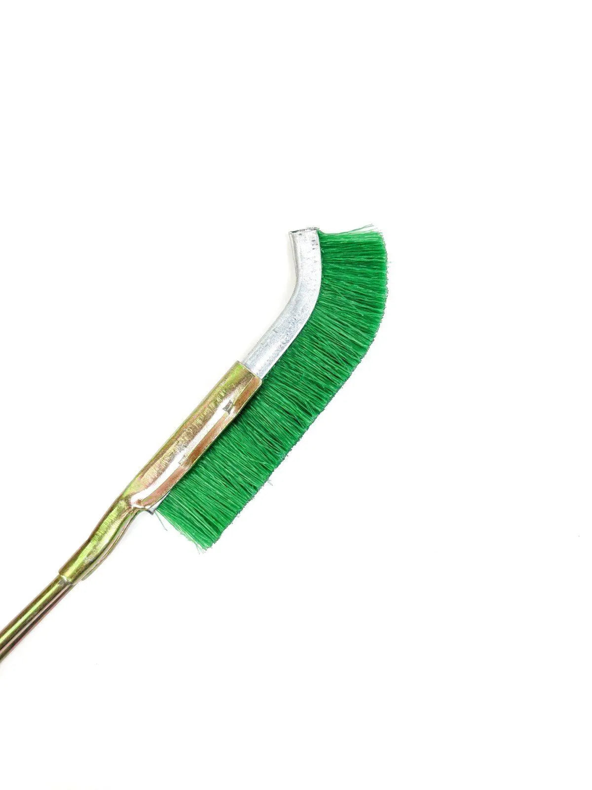 Green elbow-shaped rust removal brush with nylon wire bristles and metal handle