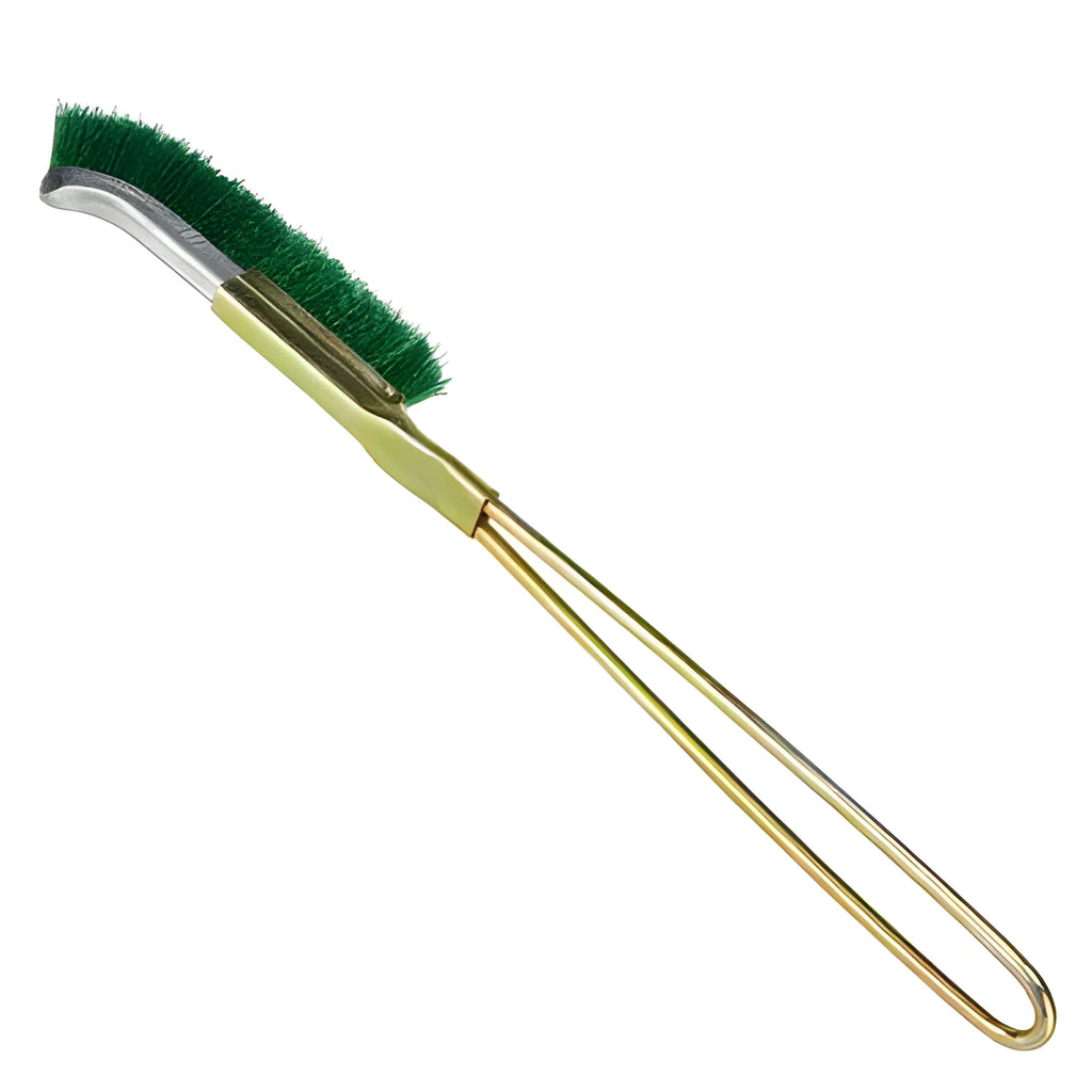 Green elbow-shaped rust removal brush with nylon wire bristles and metal handle