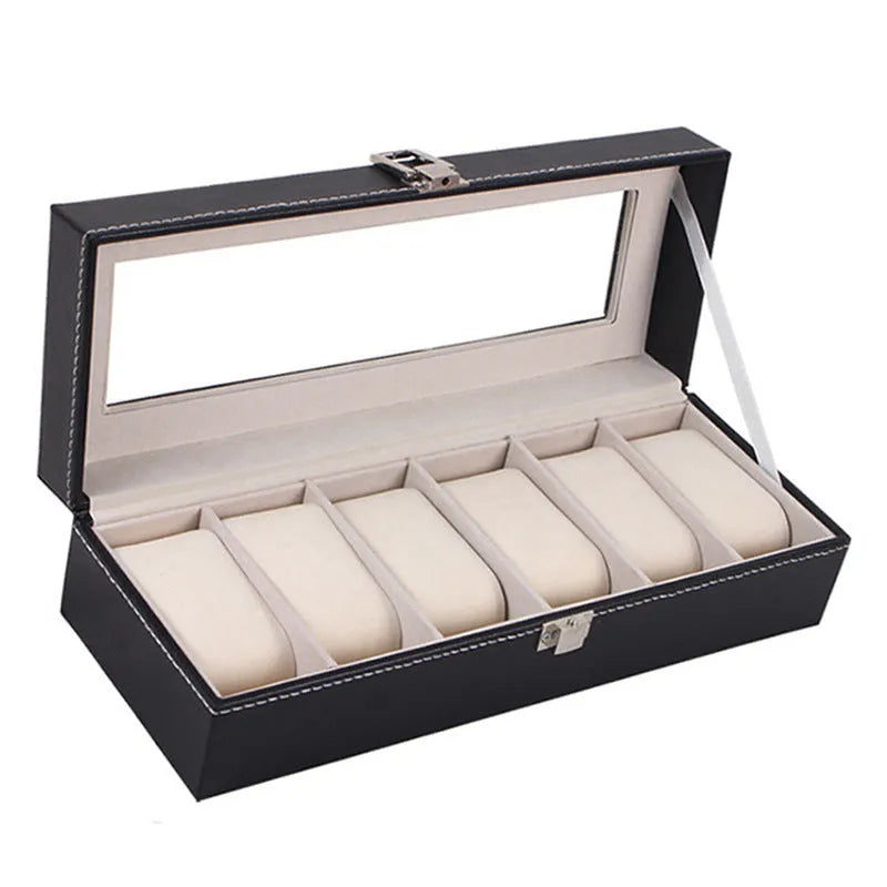 Black wooden watch display box with window showing six watches, dimensions 30cm by 11cm by 8cm.