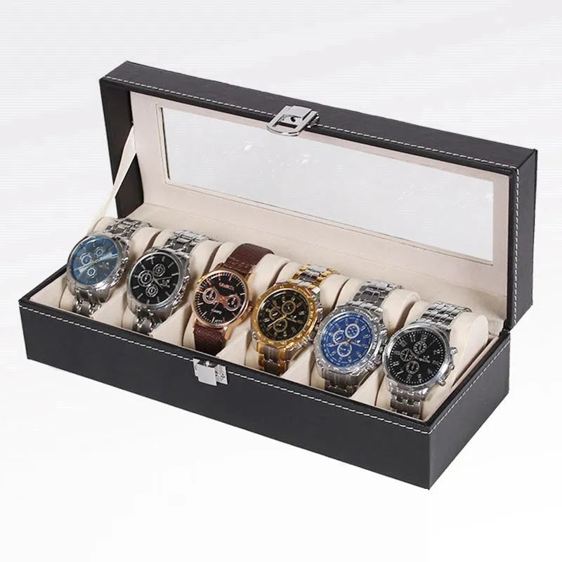Black wooden watch display box with window showing six watches, dimensions 30cm by 11cm by 8cm.