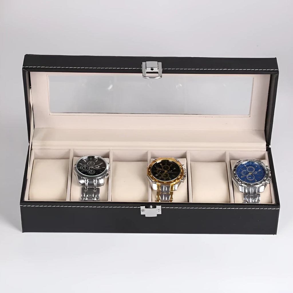 Black wooden watch display box with window showing six watches, dimensions 30cm by 11cm by 8cm.