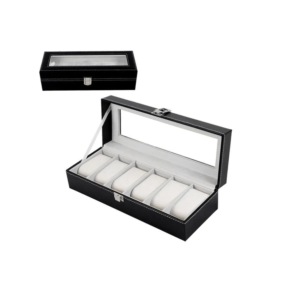 Black wooden watch display box with window showing six watches, dimensions 30cm by 11cm by 8cm.
