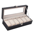 Black wooden watch display box with window showing six watches, dimensions 30cm by 11cm by 8cm.