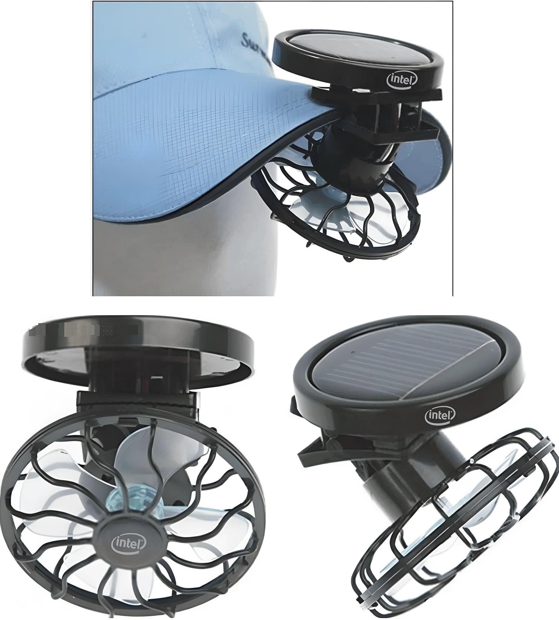 Black portable solar-powered clip fan with a solar panel, shown with optional round and rectangular base designs.