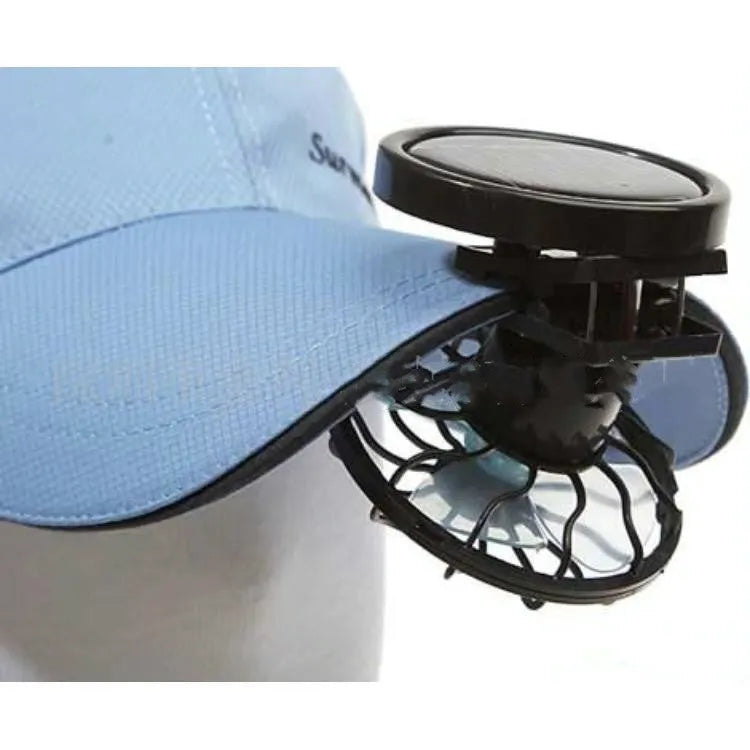 Black portable solar-powered clip fan with a solar panel, shown with optional round and rectangular base designs.