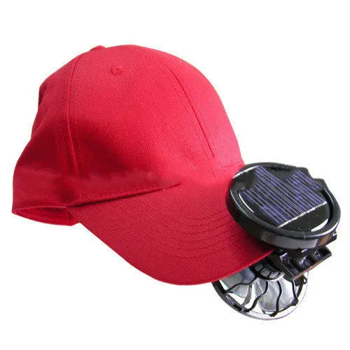 Black portable solar-powered clip fan with a solar panel, shown with optional round and rectangular base designs.