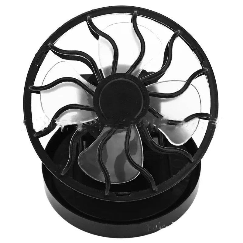 Black portable solar-powered clip fan with a solar panel, shown with optional round and rectangular base designs.