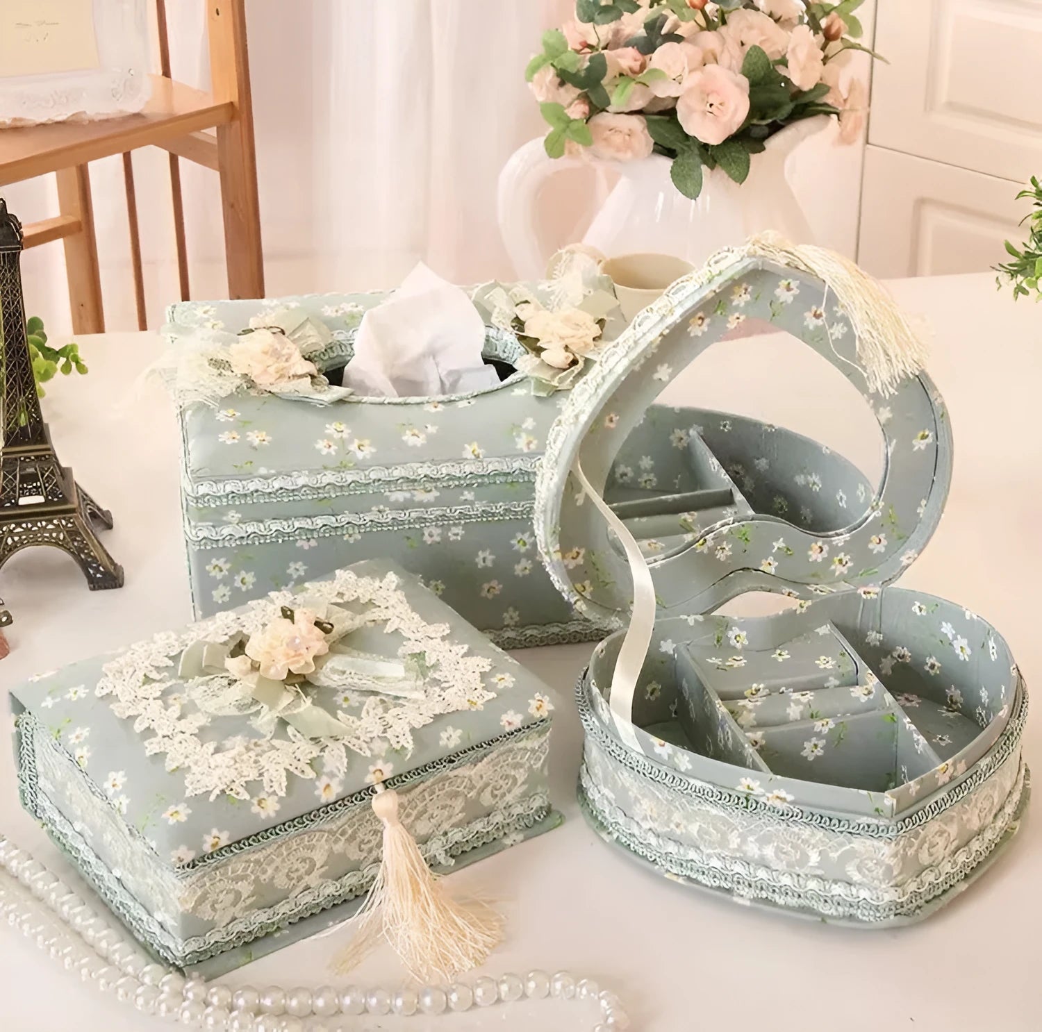 Ceramic jewellery and tissue storage box in bright apricot, green, or pink colours