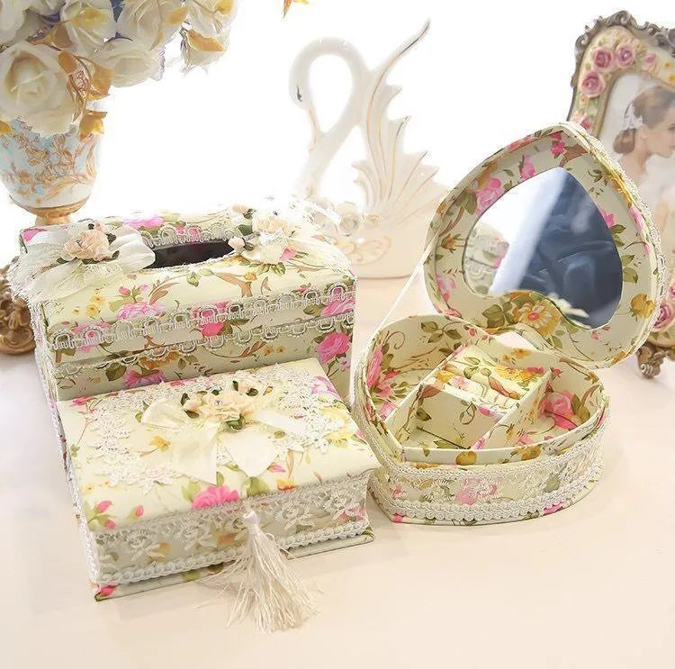 Ceramic jewellery and tissue storage box in bright apricot, green, or pink colours
