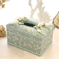 Ceramic jewellery and tissue storage box in bright apricot, green, or pink colours