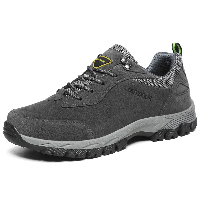 Men's low-cut hiking shoes in army green with breathable mesh lining shown in large sizes