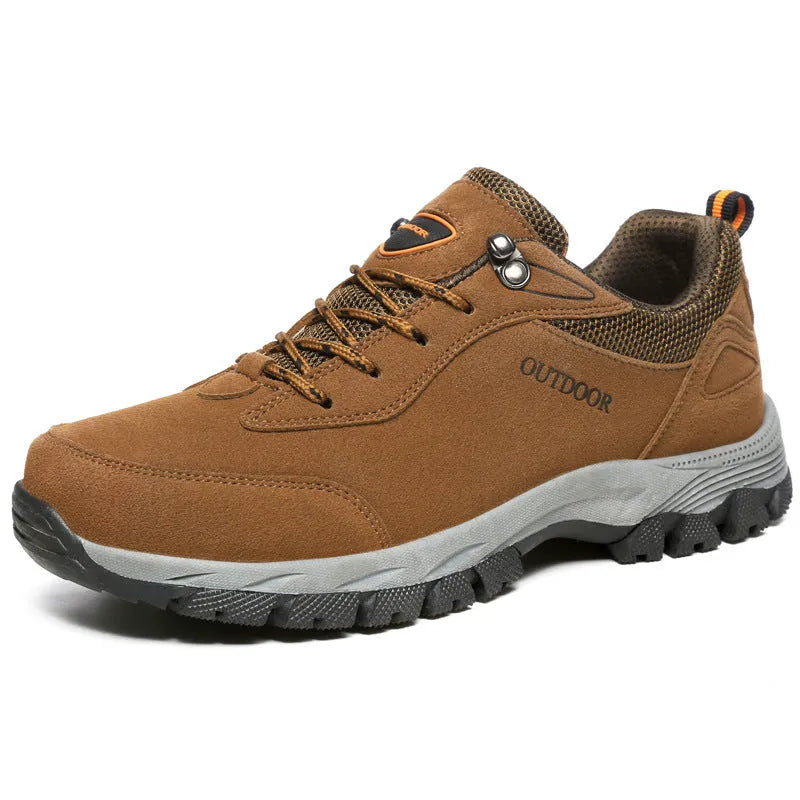 Men's low-cut hiking shoes in army green with breathable mesh lining shown in large sizes