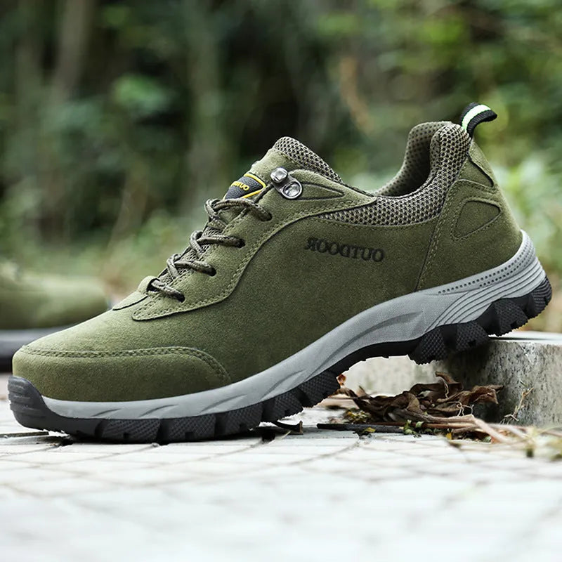 Men's low-cut hiking shoes in army green with breathable mesh lining shown in large sizes