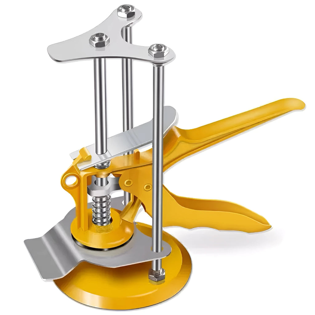 Silver adjustable tile raising locator levelling tool on a work surface