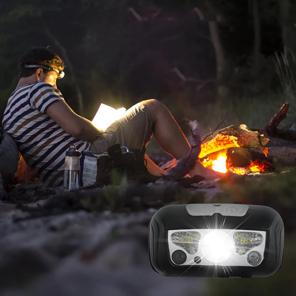 Sensor-controlled headlight with USB charging port, white and red LEDs, black or blue ABS housing