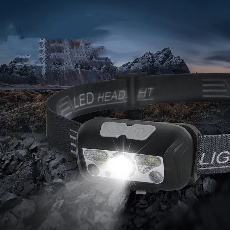 Sensor-controlled headlight with USB charging port, white and red LEDs, black or blue ABS housing