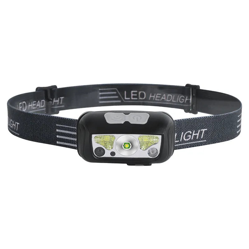 Sensor-controlled headlight with USB charging port, white and red LEDs, black or blue ABS housing