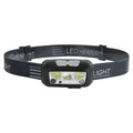 Sensor-controlled headlight with USB charging port, white and red LEDs, black or blue ABS housing