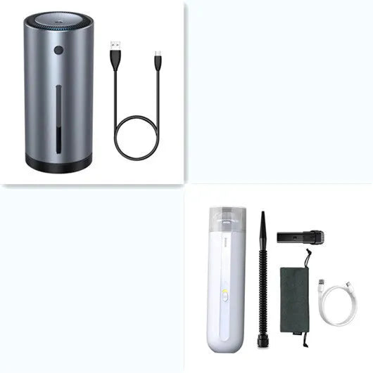 BASEUS wireless handheld car vacuum cleaner in black, white, or green with blowing hose attachment.