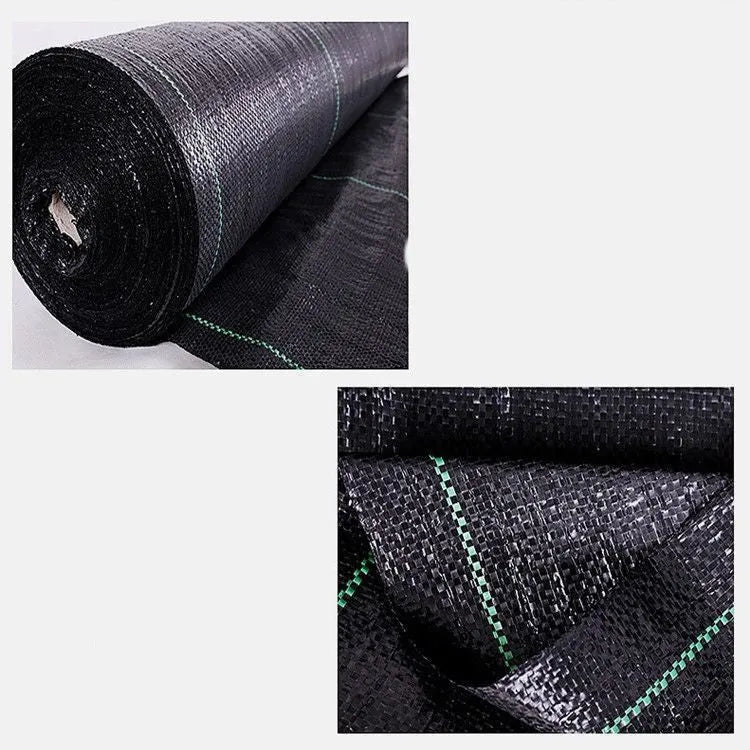 Black woven polyethylene weed-proof cloth laid flat on soil.