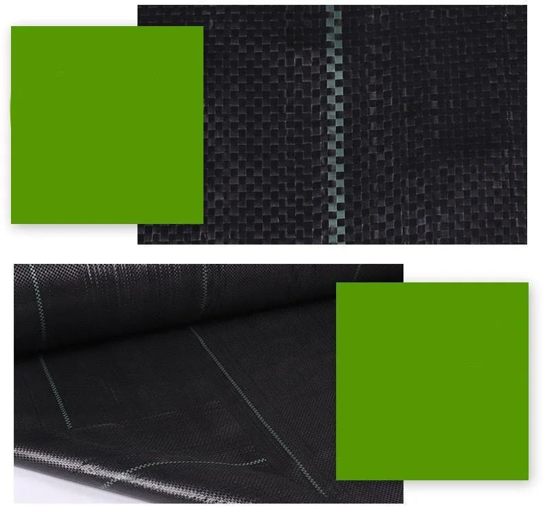 Black woven polyethylene weed-proof cloth laid flat on soil.
