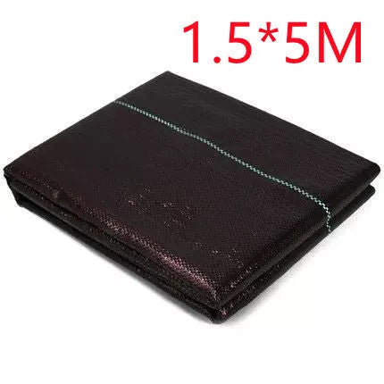 Black woven polyethylene weed-proof cloth laid flat on soil.