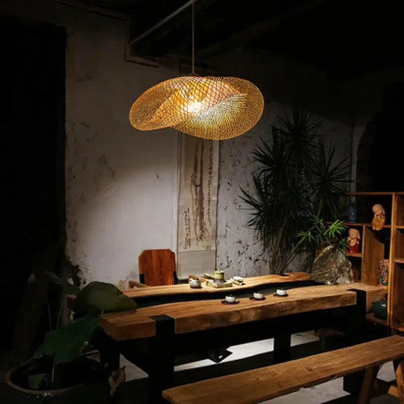 Chinese bamboo chandelier lamp with 40cm natural shell shade for tea room lighting