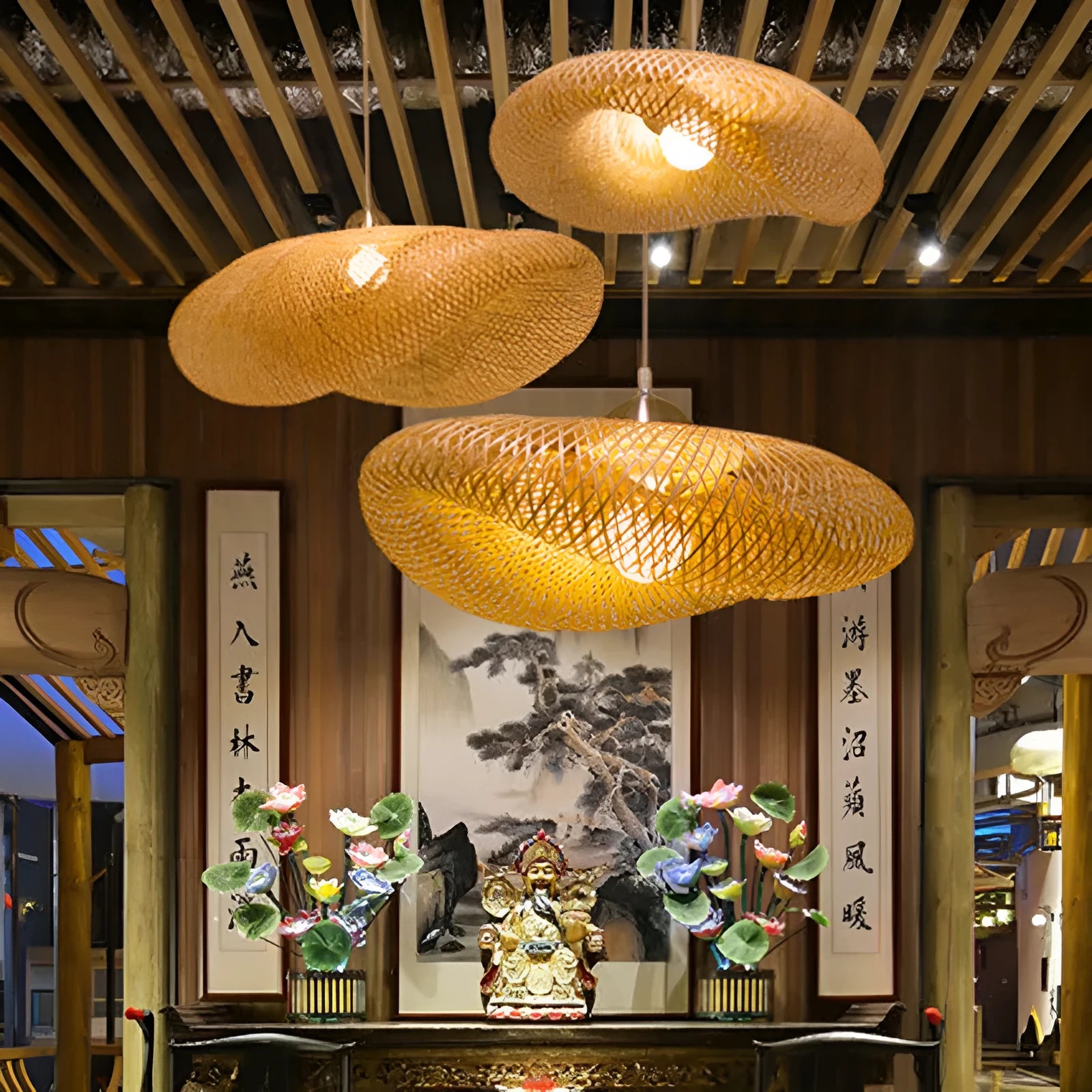 Chinese bamboo chandelier lamp with 40cm natural shell shade for tea room lighting