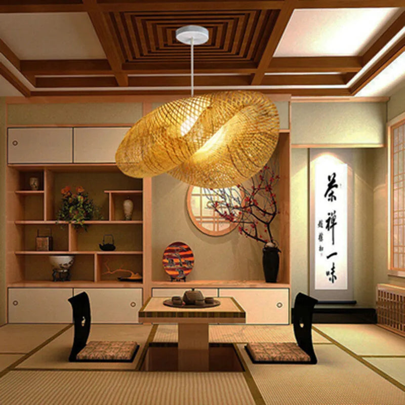 Chinese bamboo chandelier lamp with 40cm natural shell shade for tea room lighting