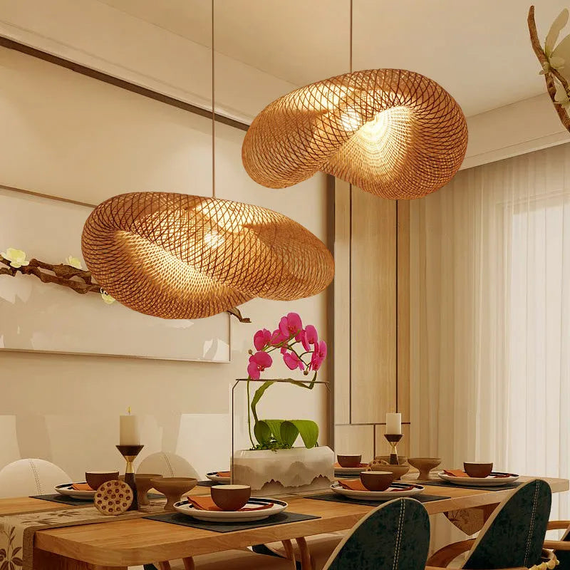 Chinese bamboo chandelier lamp with 40cm natural shell shade for tea room lighting
