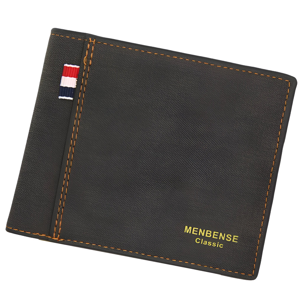 Men's retro style tri-fold wallet in black, navy blue, dark brown or light brown colour options