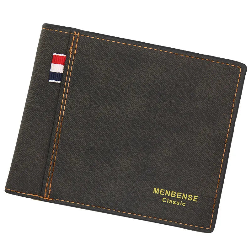 Men's retro style tri-fold wallet in black, navy blue, dark brown or light brown colour options