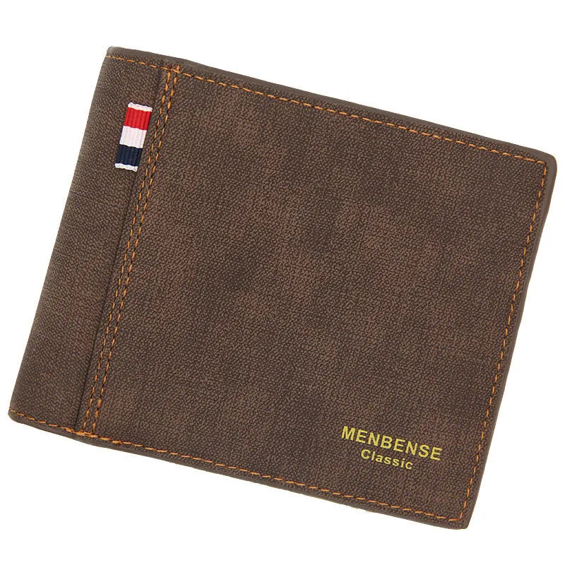 Men's retro style tri-fold wallet in black, navy blue, dark brown or light brown colour options