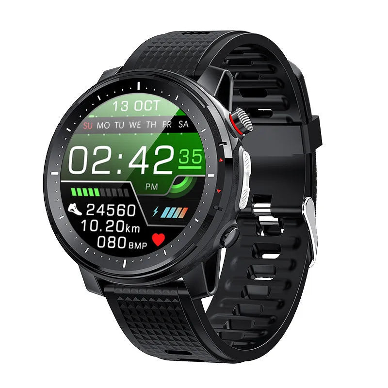 IP68 waterproof Android smart watch with round 1.3-inch screen and black silicone strap