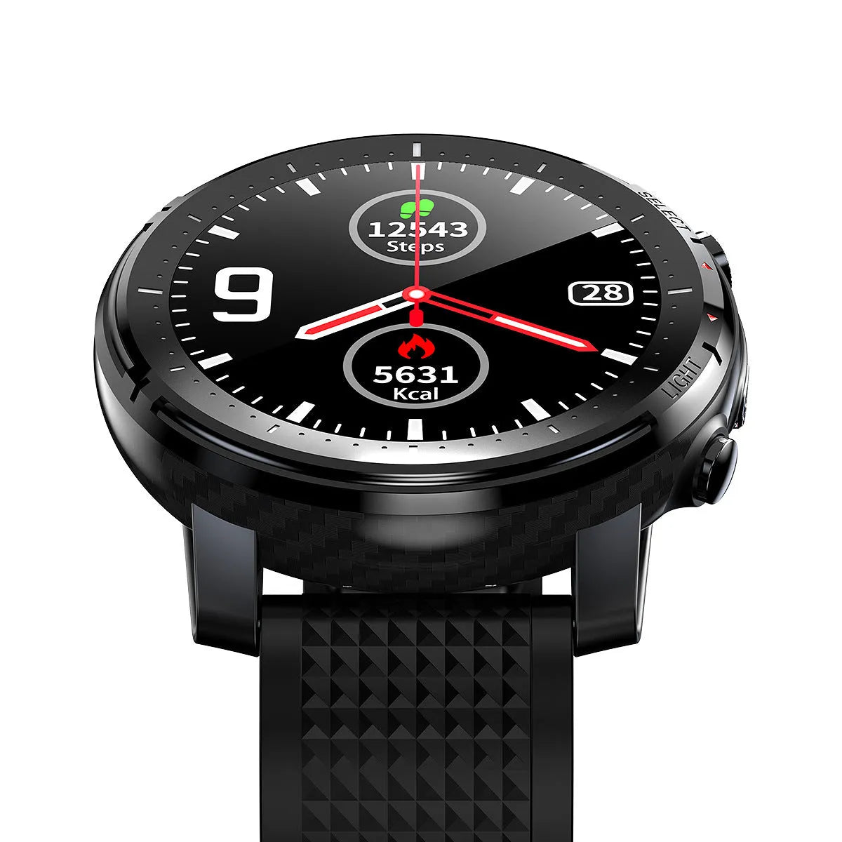 IP68 waterproof Android smart watch with round 1.3-inch screen and black silicone strap