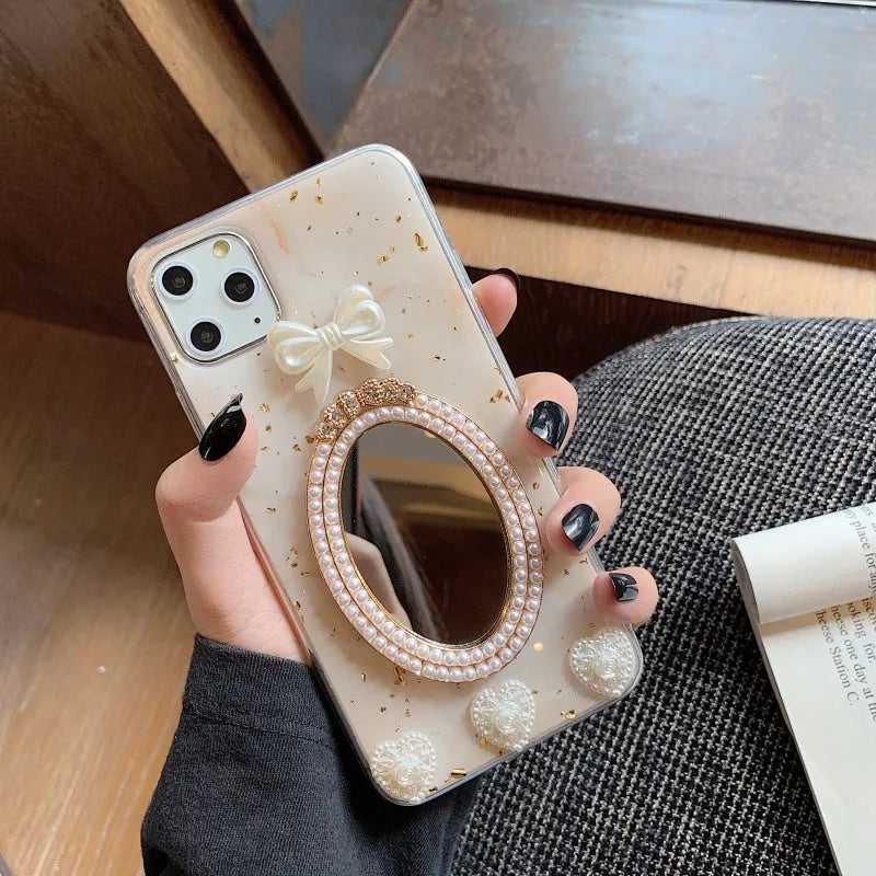 Brown marble pattern silicone iPhone case with rhinestone bow decoration and mirror finish