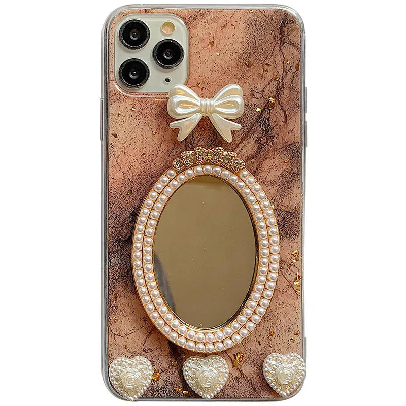 Brown marble pattern silicone iPhone case with rhinestone bow decoration and mirror finish