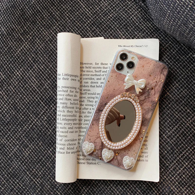 Brown marble pattern silicone iPhone case with rhinestone bow decoration and mirror finish