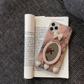 Brown marble pattern silicone iPhone case with rhinestone bow decoration and mirror finish
