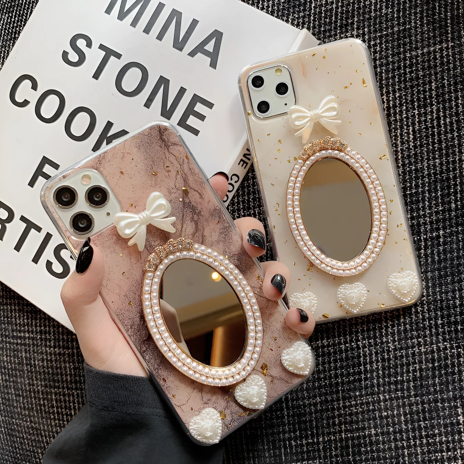 Brown marble pattern silicone iPhone case with rhinestone bow decoration and mirror finish