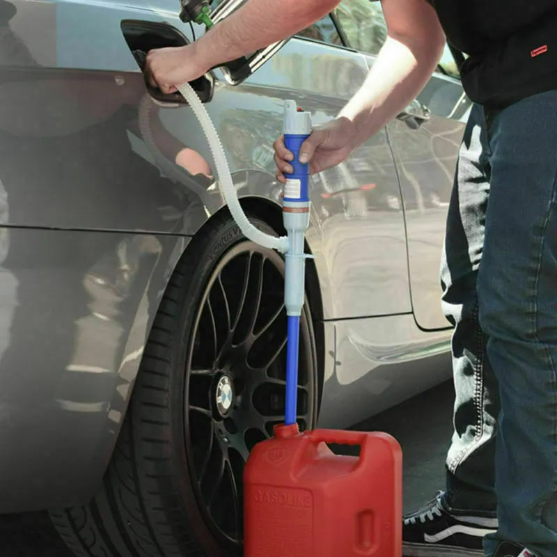 Blue manual hand pump siphon for transferring fuel and oil to vehicles and equipment