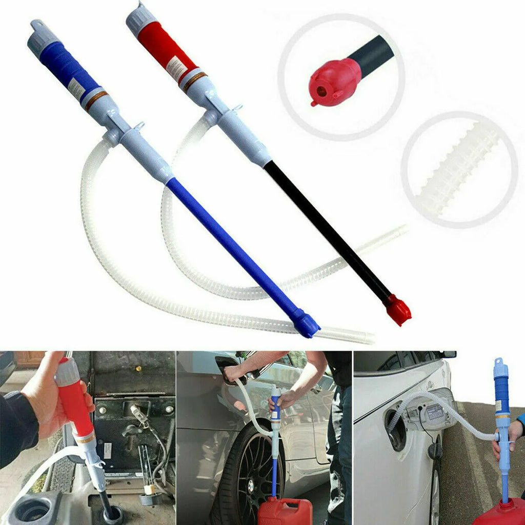 Blue manual hand pump siphon for transferring fuel and oil to vehicles and equipment