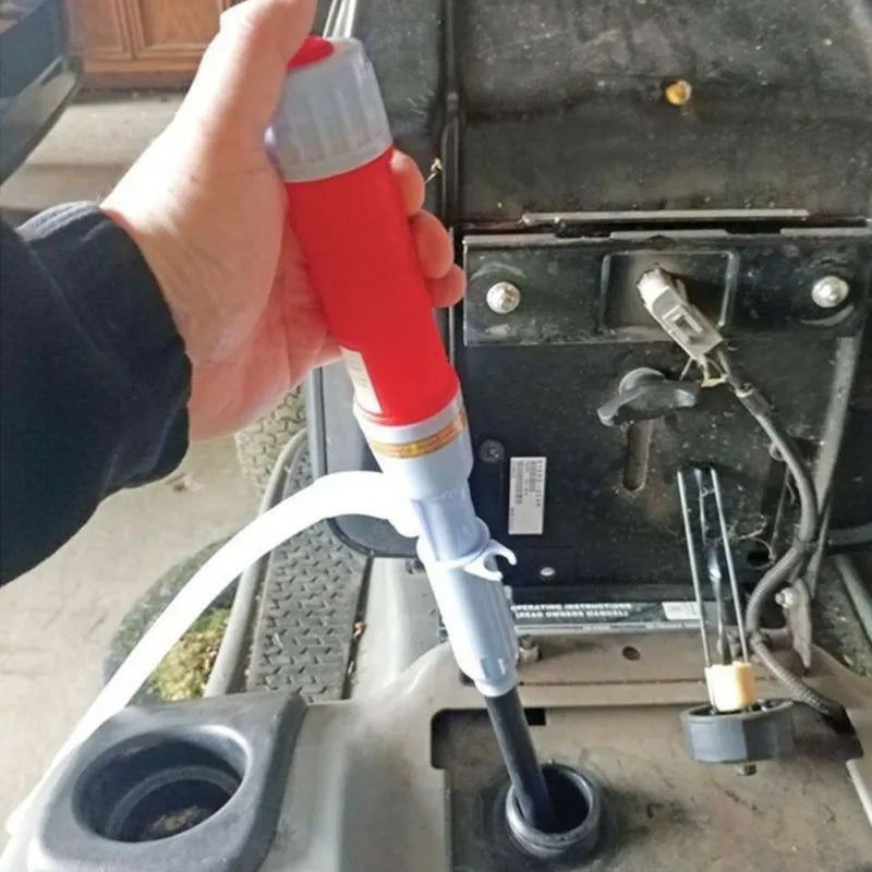 Blue manual hand pump siphon for transferring fuel and oil to vehicles and equipment