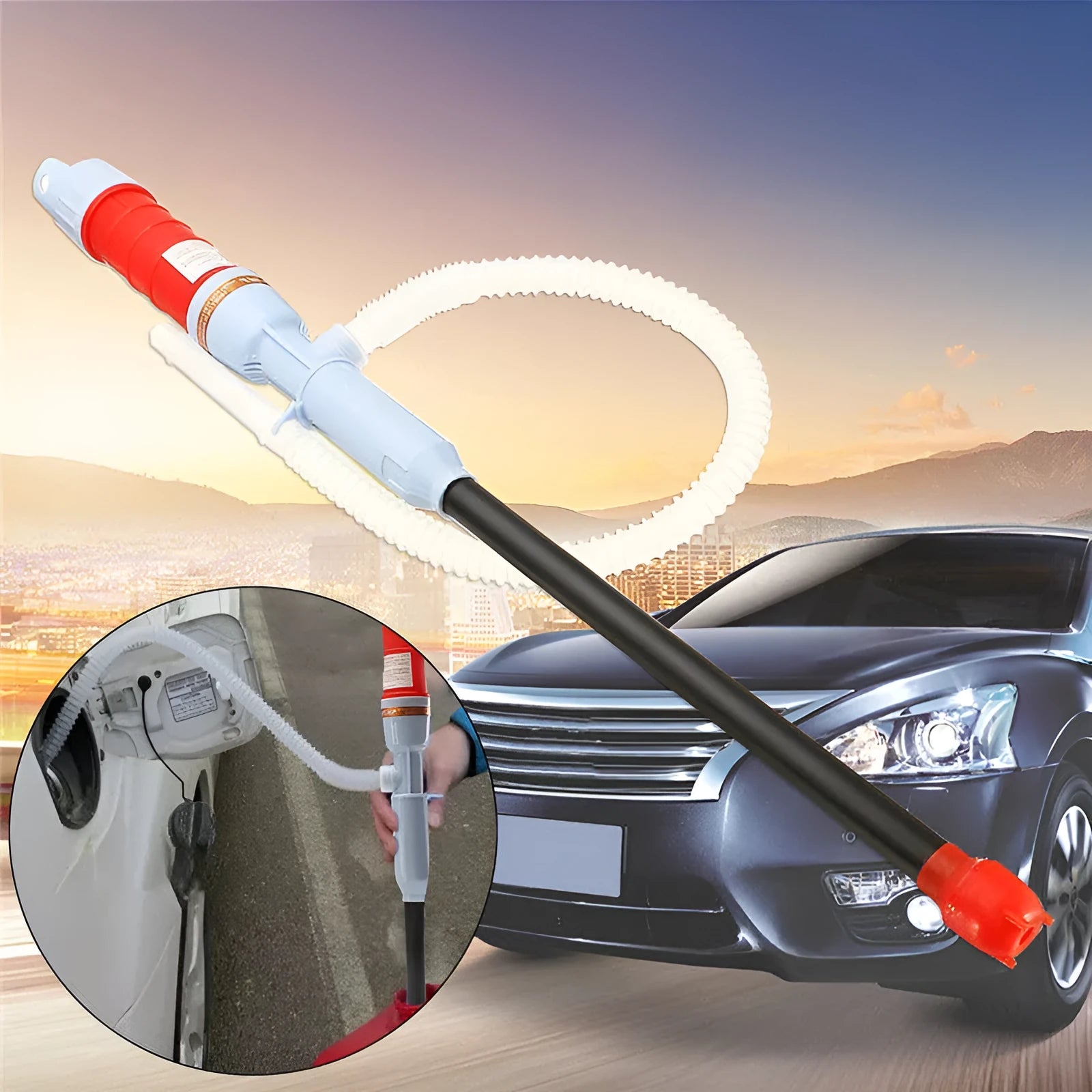 Blue manual hand pump siphon for transferring fuel and oil to vehicles and equipment